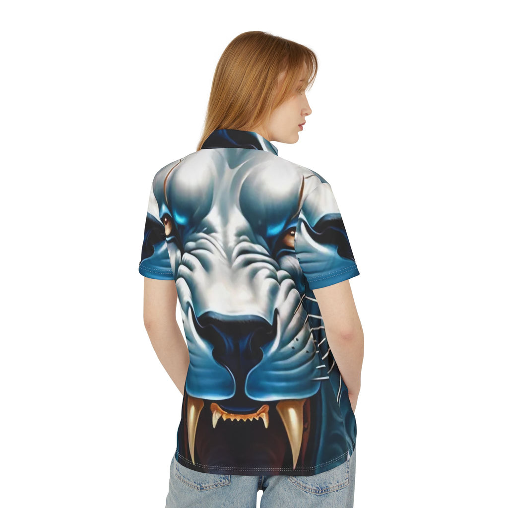 Blue Tiger Face Polo Shirt — All-Over Print Bold Animal Graphic Polo