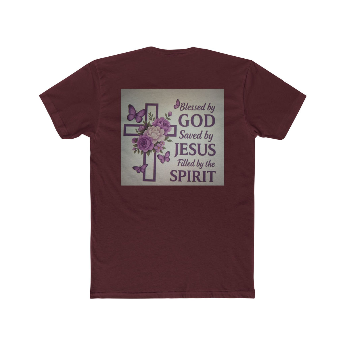 Christian Tee — "Blessed by God, Saved by Jesus, Filled by the Spirit" Floral Cross