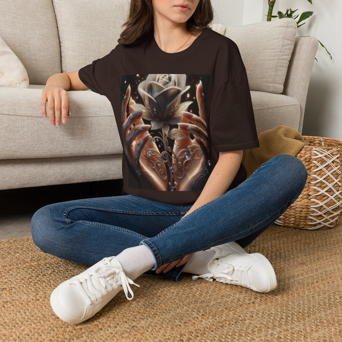 Floral Mystic Rose T‑Shirt — Ethereal Hands & Black Rose Graphic Tee