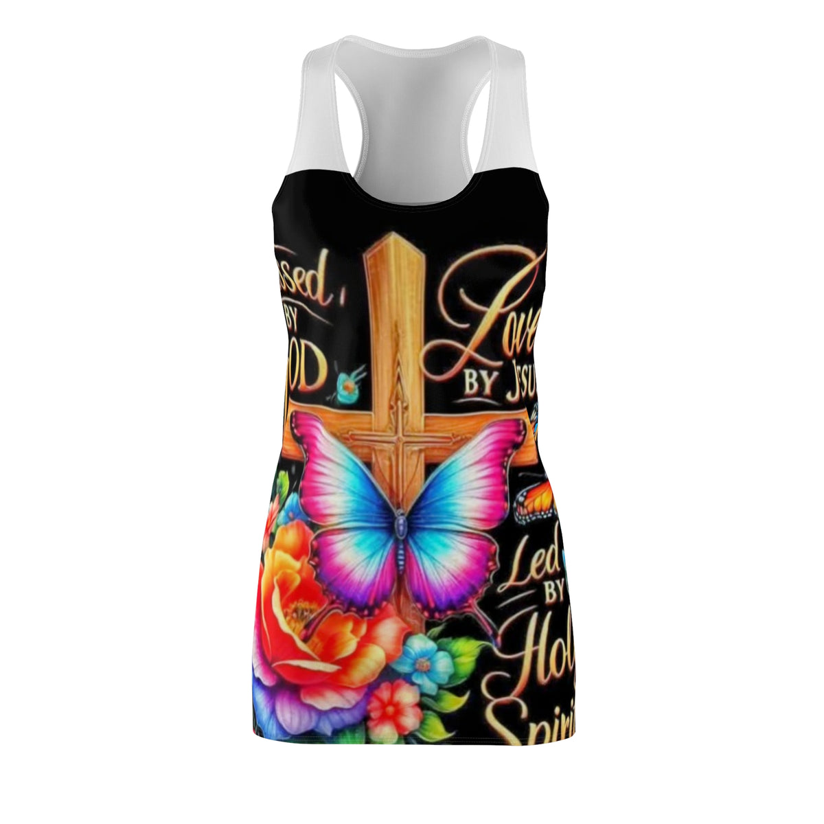 Racerback Dress — "Loved by Jesus, Led by the Holy Spirit" Colorful Butterfly Cross Floral