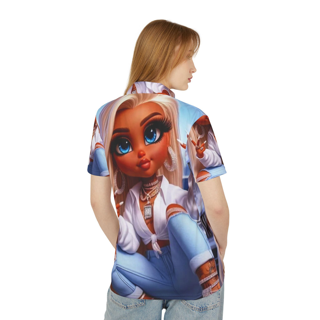All-Over Print Polo Shirt — Street-Style Doll Graphic