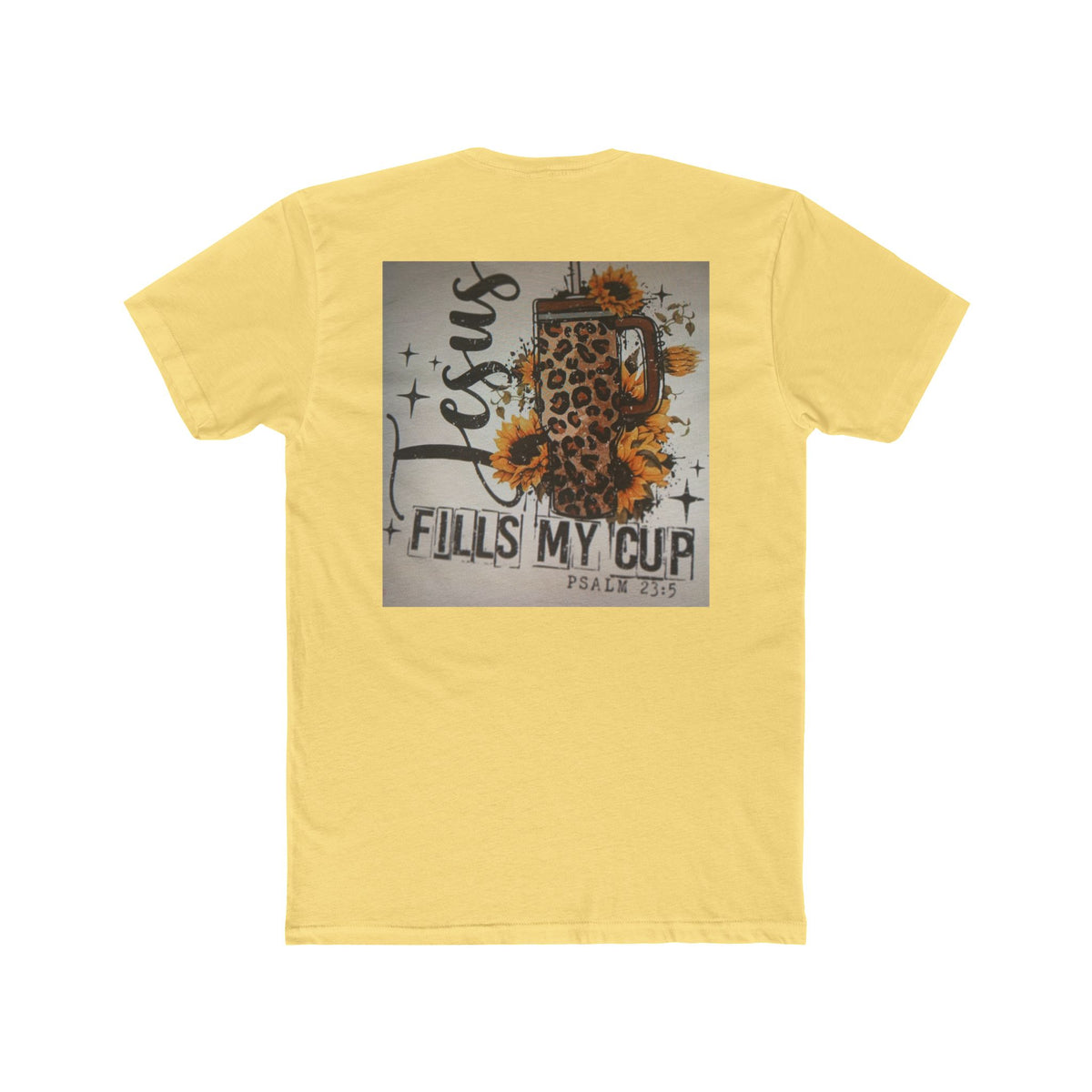 Christian Leopard Mug Graphic Tee — "Jesus Fills My Cup" Sunflower T-Shirt