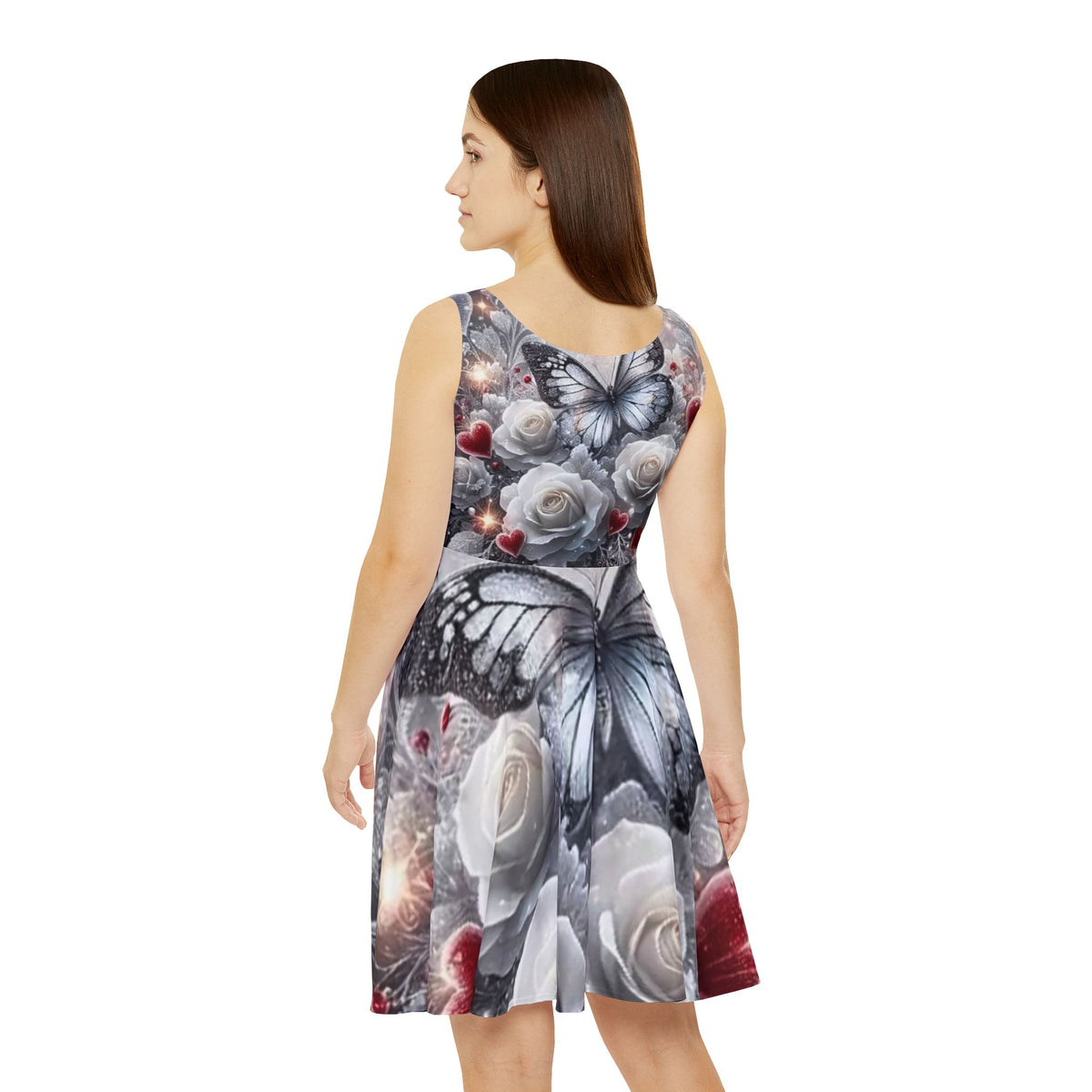 Butterfly & Rose Skater Dress — Romantic Floral Heart Pattern