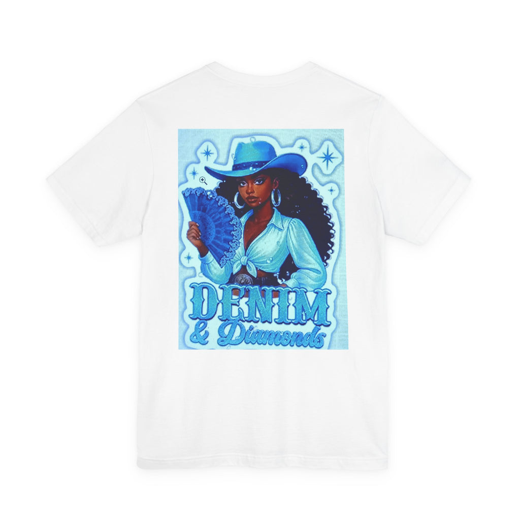 Denim & Diamonds Graphic T‑Shirt — Retro Blue Cowgirl Design