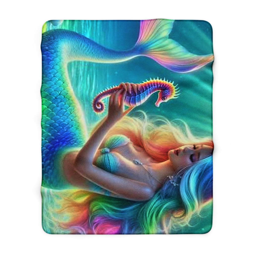 Mermaid Seahorse Sherpa Blanket — Colorful Ocean Fantasy Fleece