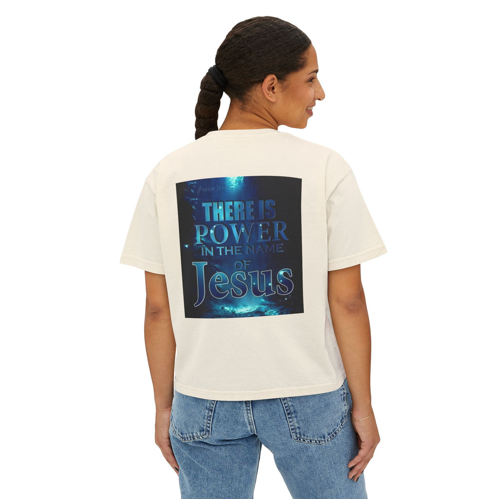 Christian Boxy Tee — "There Is Power in the Name of Jesus" Inspirational Women's Shirt