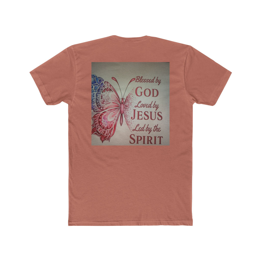 Blessed by God Butterfly Tee — "Blessed by God, Loved by Jesus, Led by the Spirit" Christian T-Shirt
