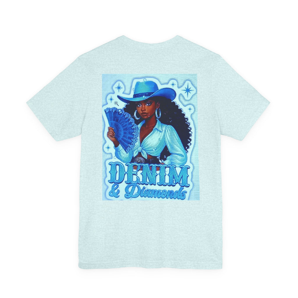 Denim & Diamonds Graphic T‑Shirt — Retro Blue Cowgirl Design