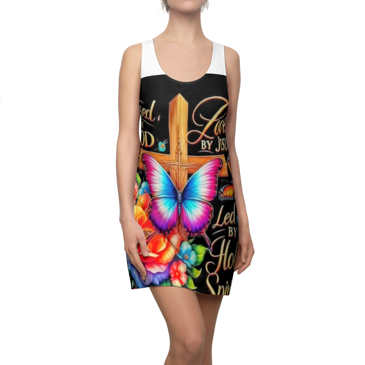 Racerback Dress — "Loved by Jesus, Led by the Holy Spirit" Colorful Butterfly Cross Floral