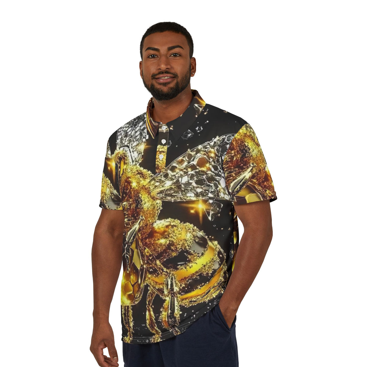 Golden Bee All-Over Print Polo — Shiny Honeycomb Nature Tee