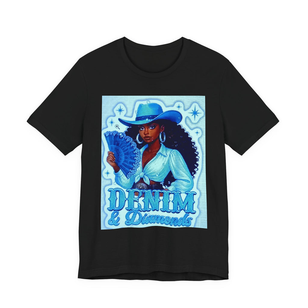 Denim & Diamonds Graphic T‑Shirt — Retro Blue Cowgirl Design