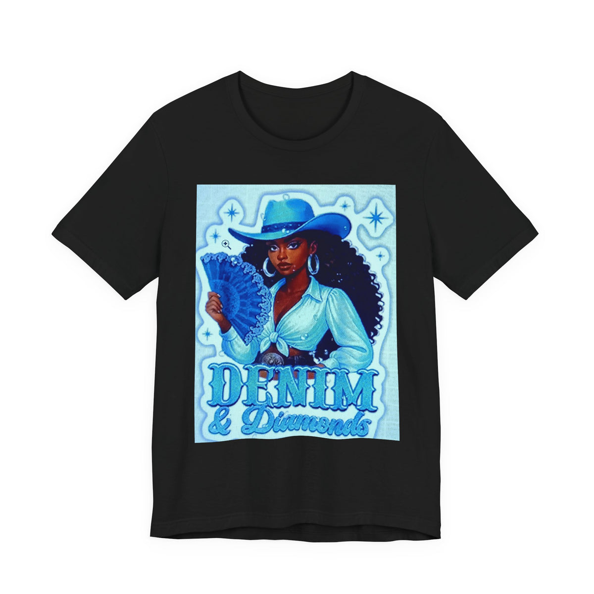 Denim & Diamonds Graphic T‑Shirt — Retro Blue Cowgirl Design
