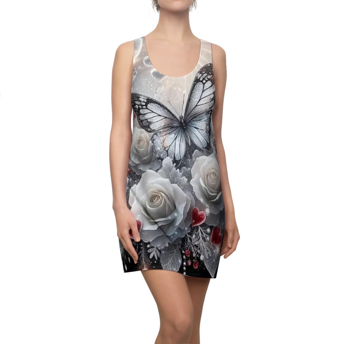 Butterfly & White Roses Racerback Dress – Romantic Floral AOP