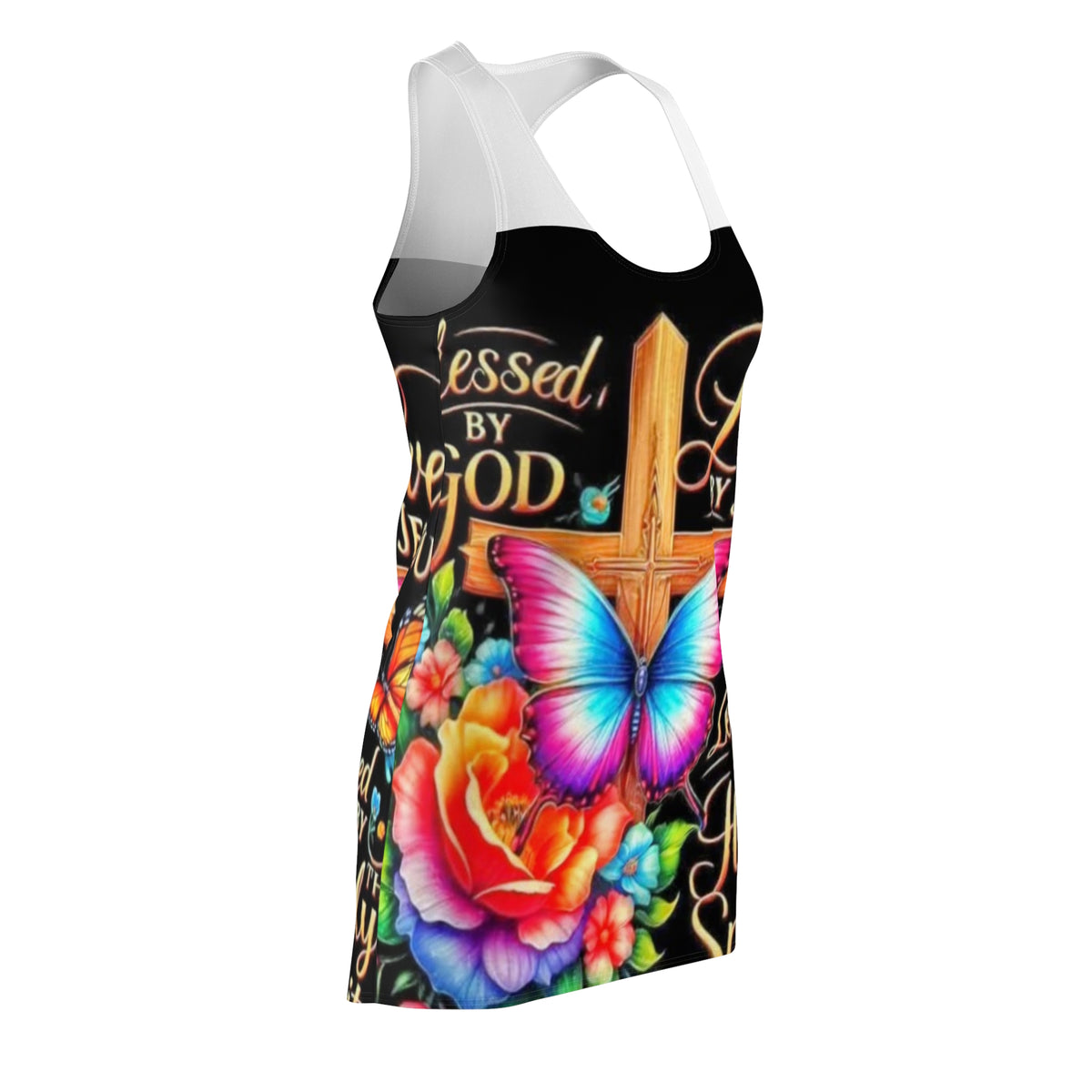 Racerback Dress — "Loved by Jesus, Led by the Holy Spirit" Colorful Butterfly Cross Floral