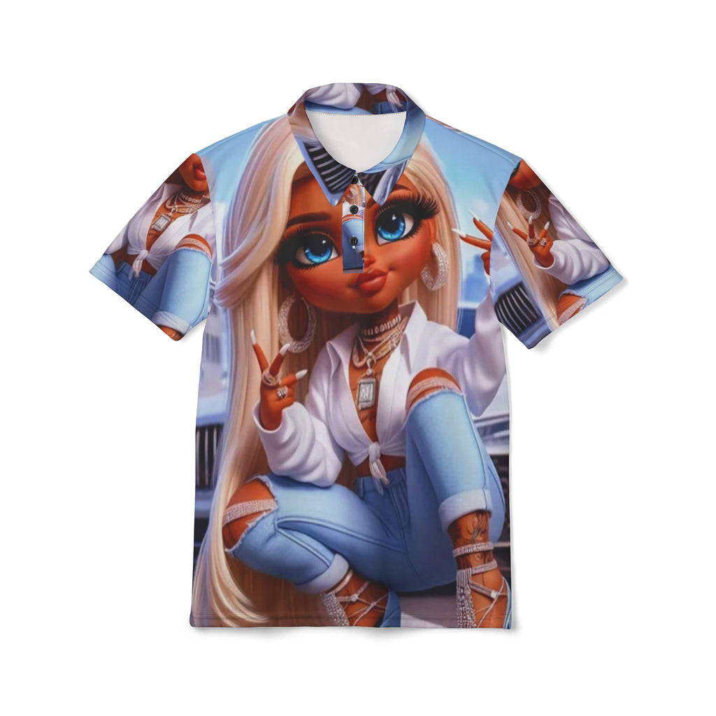 All-Over Print Polo Shirt — Street-Style Doll Graphic