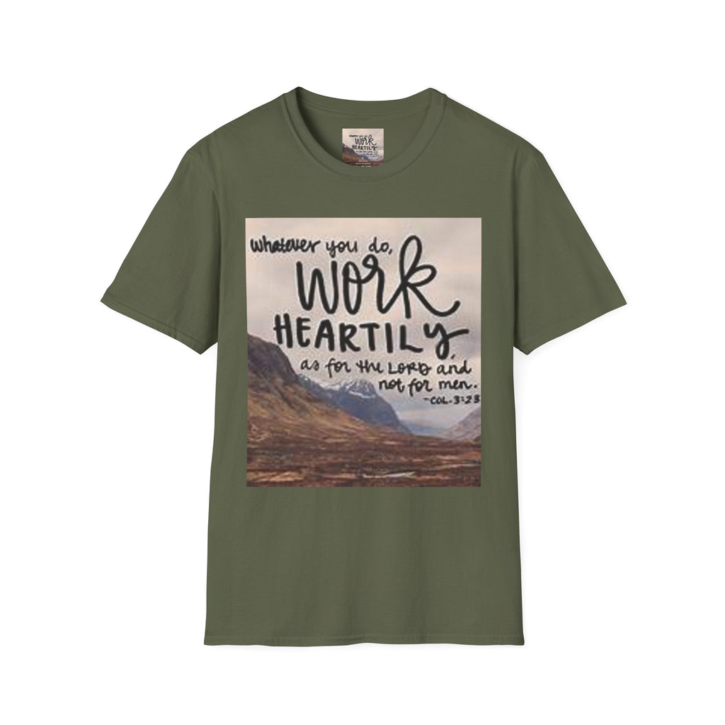 Work Heartily T-Shirt — Inspirational Christian Verse Tee (Colossians 3:23)