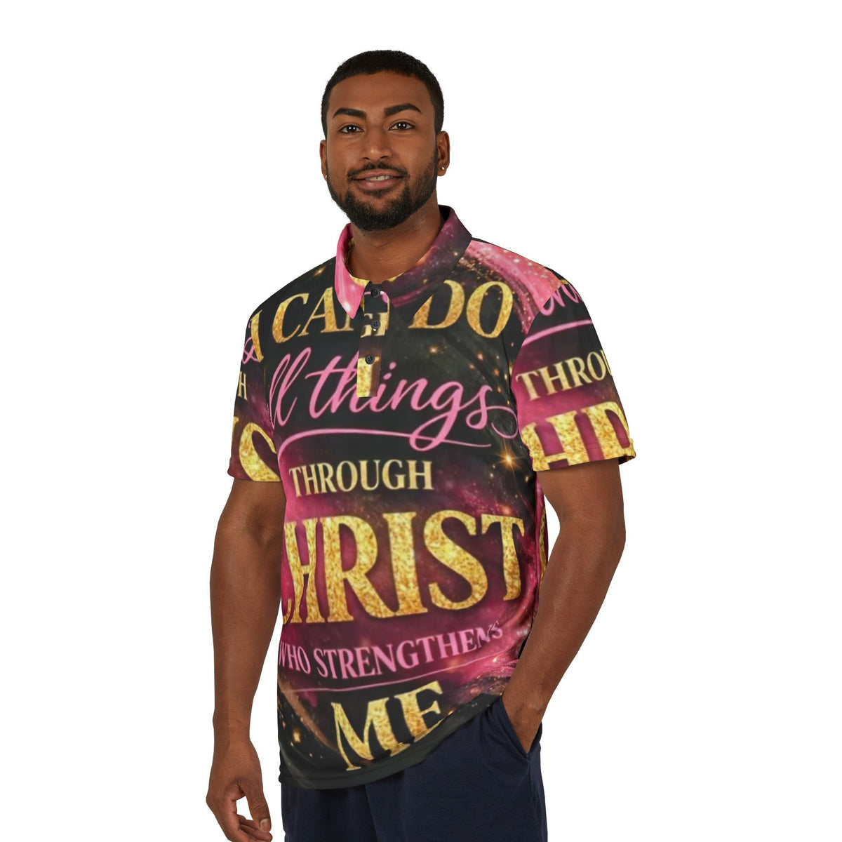 Christian Polo Shirt — "I Can Do All Things Through Christ" All-Over Print