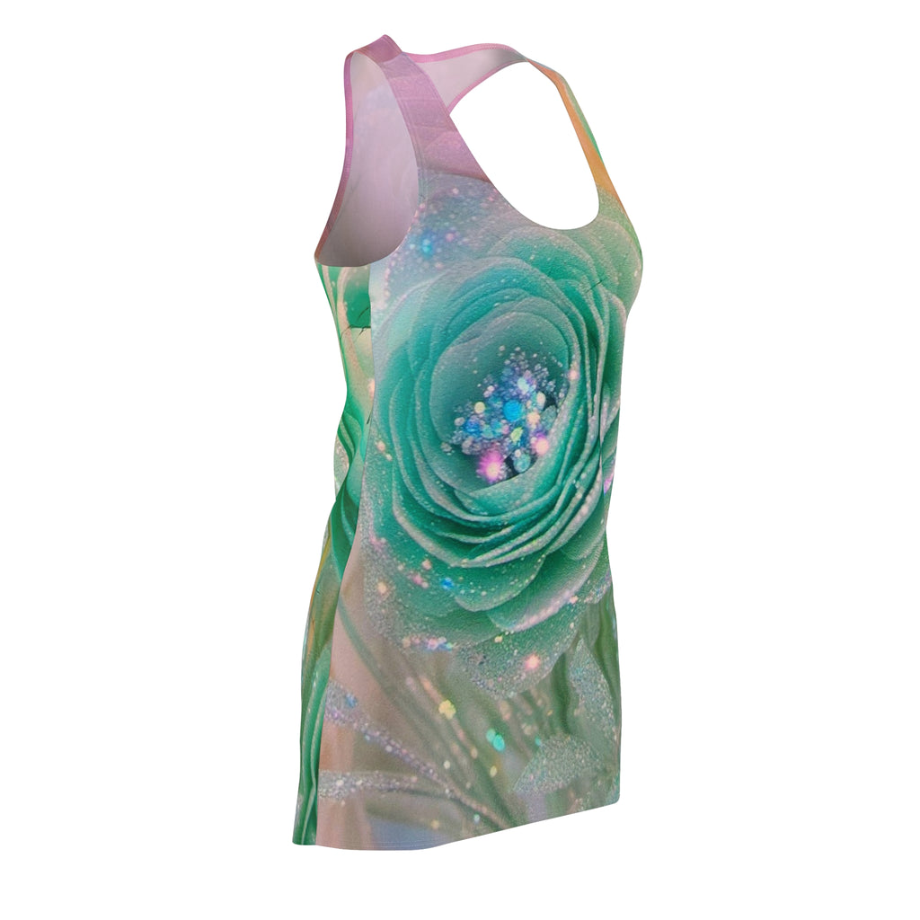 Racerback Dress - Pastel Teal Rose All-Over Print, Sparkle Floral Aesthetic