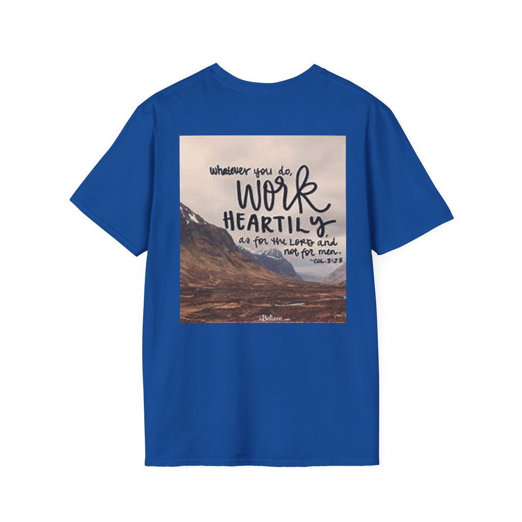 Work Heartily T-Shirt — Inspirational Christian Verse Tee (Colossians 3:23)
