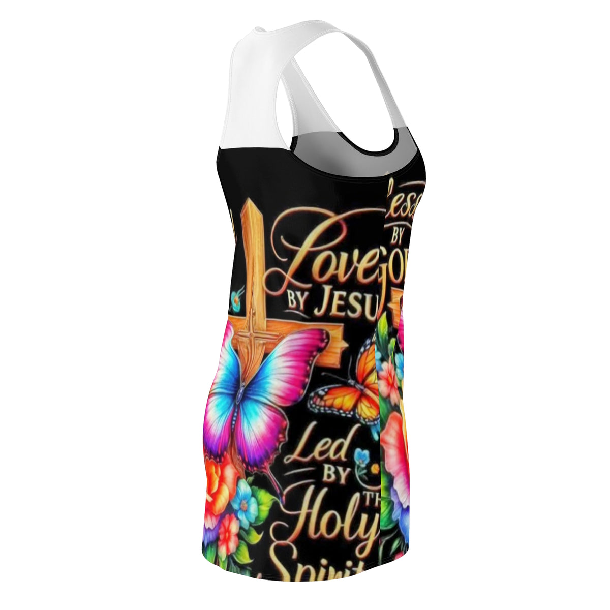 Racerback Dress — "Loved by Jesus, Led by the Holy Spirit" Colorful Butterfly Cross Floral