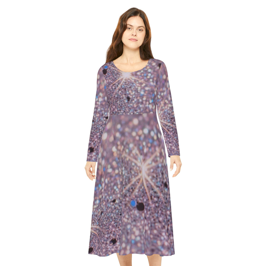 Sparkle Sequin Print Long Sleeve Dance Dress — Glitter Starburst AOP