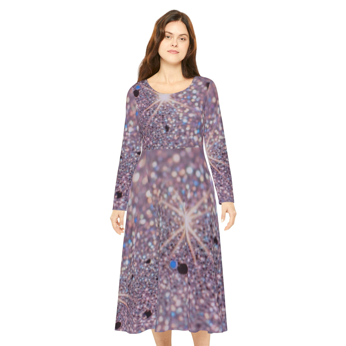 Sparkle Sequin Print Long Sleeve Dance Dress — Glitter Starburst AOP