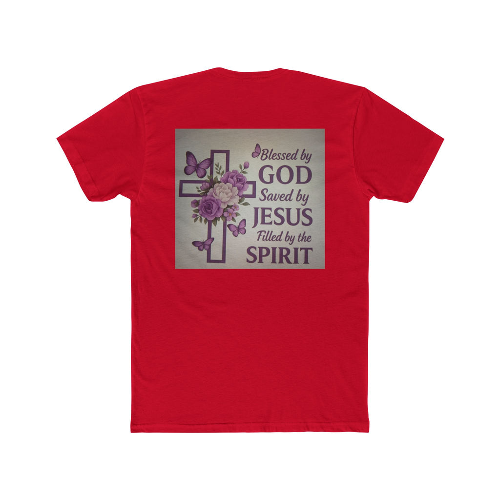 Christian Tee — "Blessed by God, Saved by Jesus, Filled by the Spirit" Floral Cross