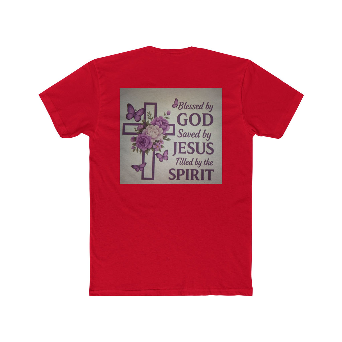Christian Tee — "Blessed by God, Saved by Jesus, Filled by the Spirit" Floral Cross