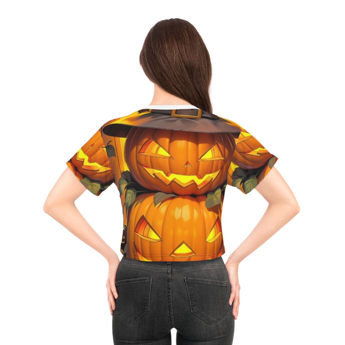 Halloween Jack-o'-Lantern Crop Tee — Spooky Pumpkin All-Over Print