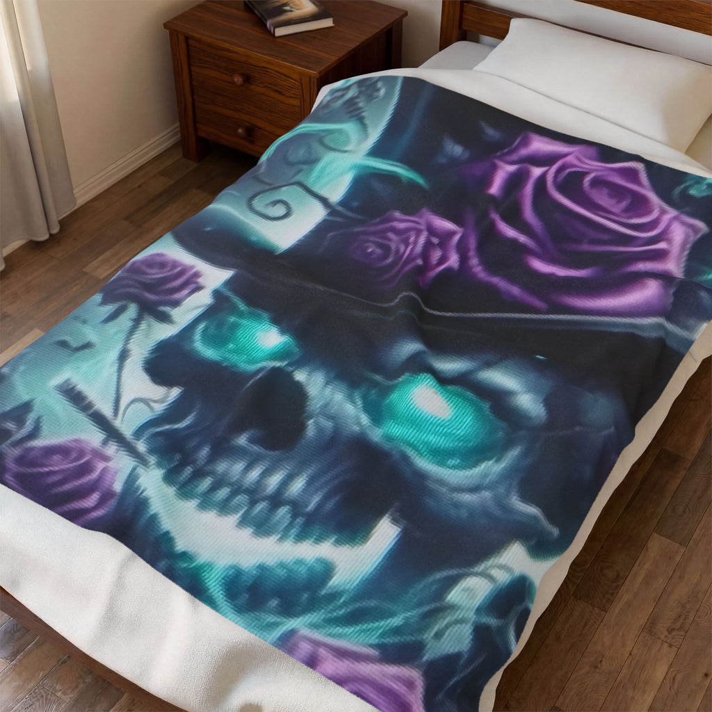 Velveteen Plush Blanket — Neon Skull with Purple Roses Throw