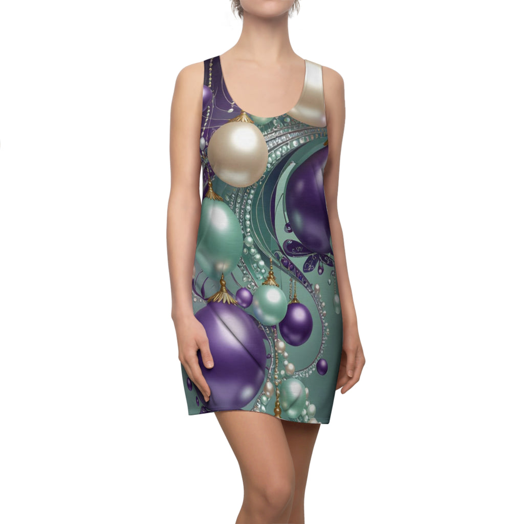 Ornament Cascade Racerback Dress — Teal, Purple & Pearl Holiday Print