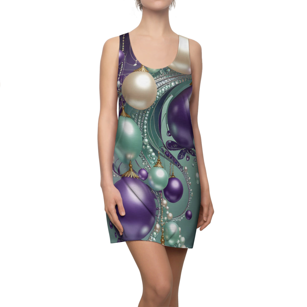 Ornament Cascade Racerback Dress — Teal, Purple & Pearl Holiday Print