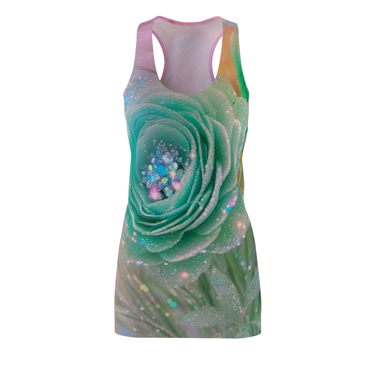 Racerback Dress - Pastel Teal Rose All-Over Print, Sparkle Floral Aesthetic