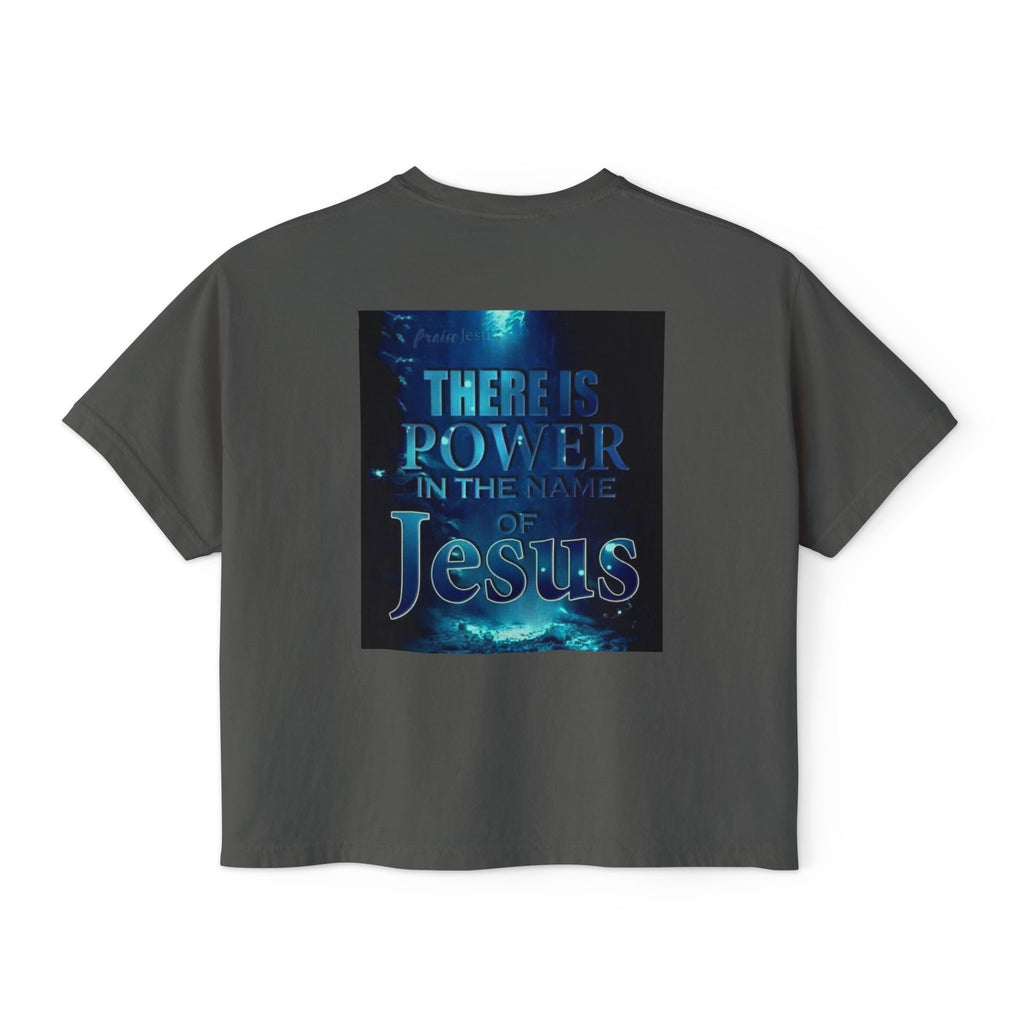 Christian Boxy Tee — "There Is Power in the Name of Jesus" Inspirational Women's Shirt
