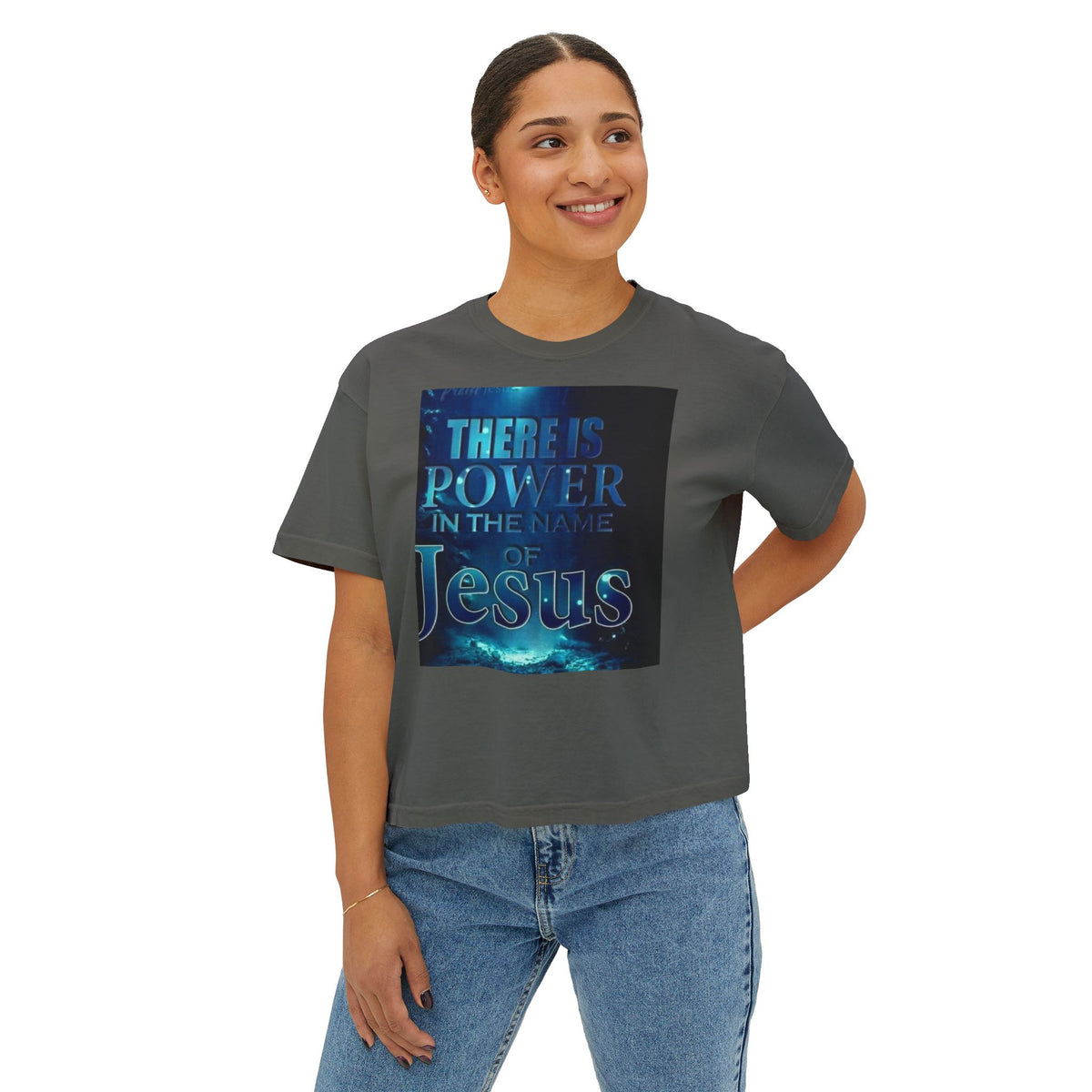 Christian Boxy Tee — "There Is Power in the Name of Jesus" Inspirational Women's Shirt