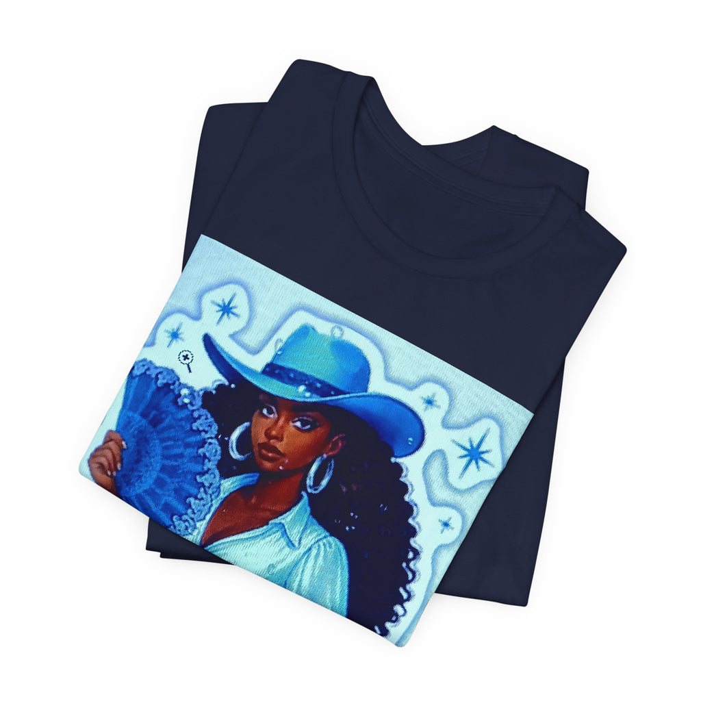 Denim & Diamonds Graphic T‑Shirt — Retro Blue Cowgirl Design