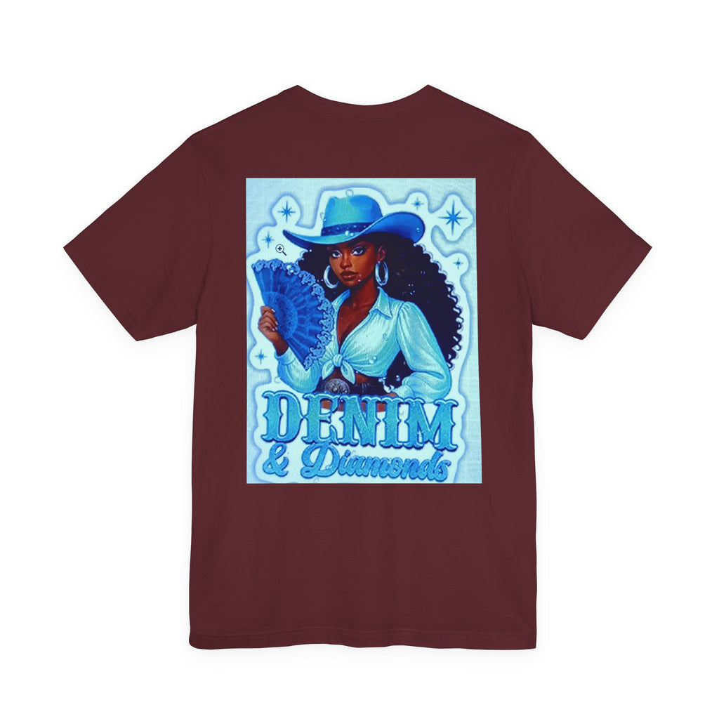 Denim & Diamonds Graphic T‑Shirt — Retro Blue Cowgirl Design