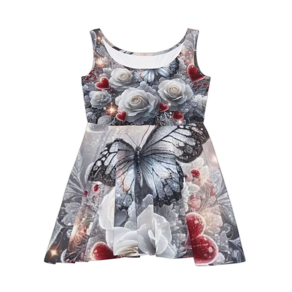 Butterfly & Rose Skater Dress — Romantic Floral Heart Pattern