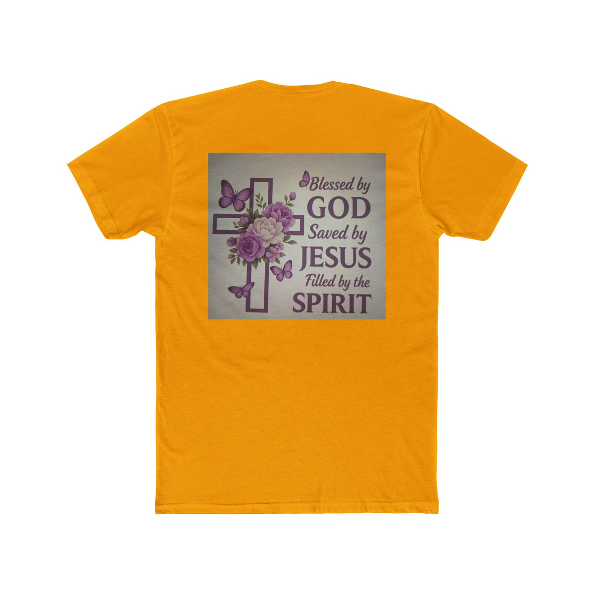 Christian Tee — "Blessed by God, Saved by Jesus, Filled by the Spirit" Floral Cross