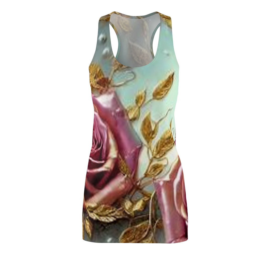 Floral Gold Leaves Racerback Dress – Vintage Pink Rose All-Over Print
