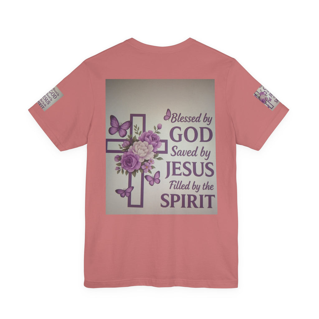 Blessed by God Christian T-Shirt — "Blessed by God, Saved by Jesus, Filled by the Spirit"