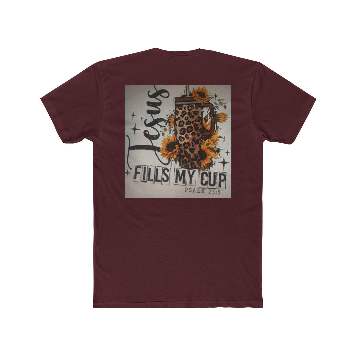 Christian Leopard Mug Graphic Tee — "Jesus Fills My Cup" Sunflower T-Shirt