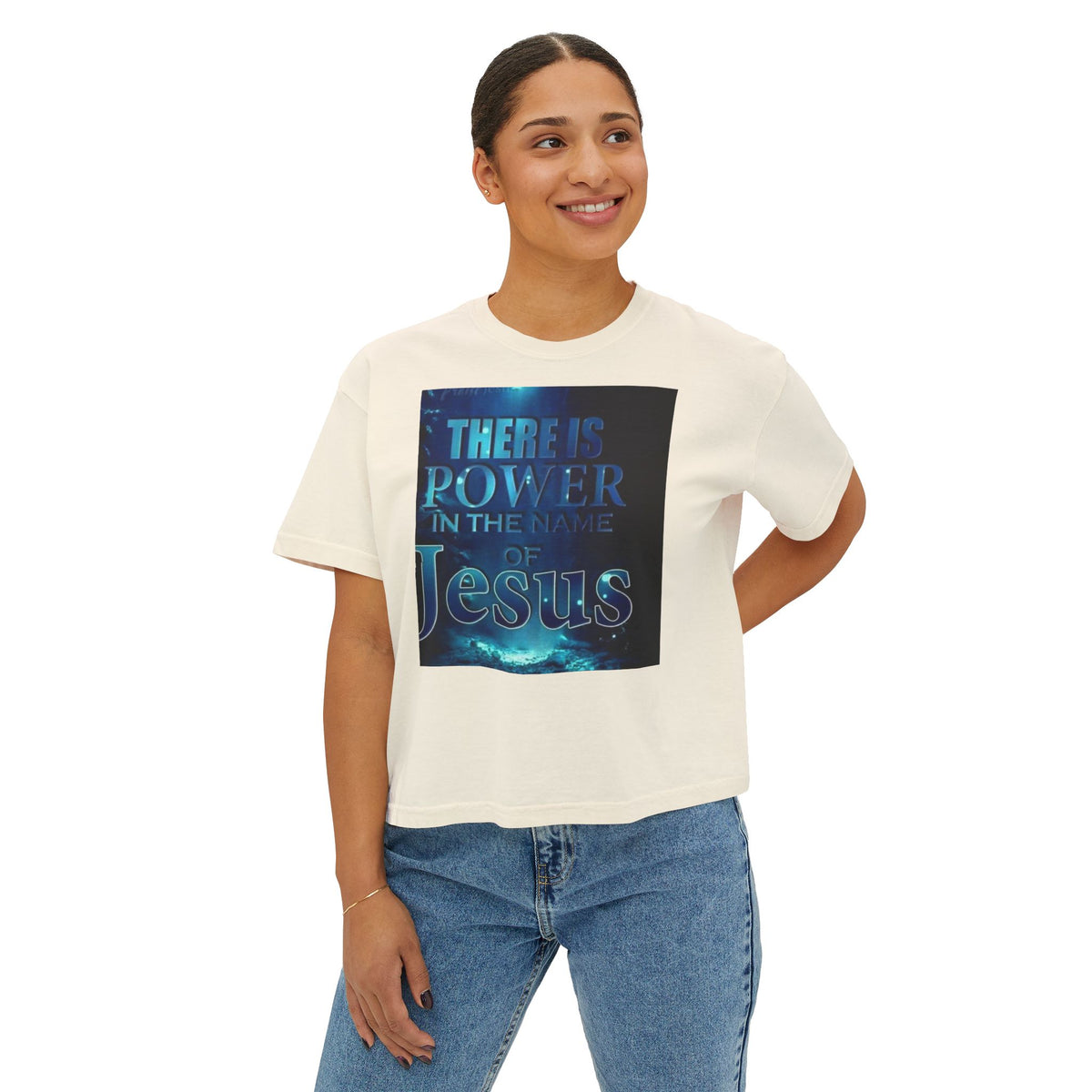 Christian Boxy Tee — "There Is Power in the Name of Jesus" Inspirational Women's Shirt