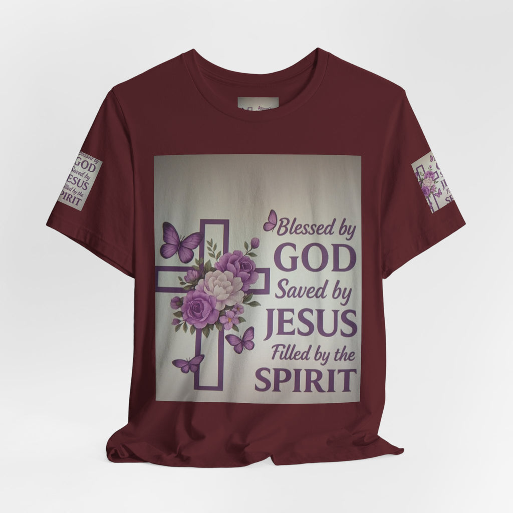 Blessed by God Christian T-Shirt — "Blessed by God, Saved by Jesus, Filled by the Spirit"