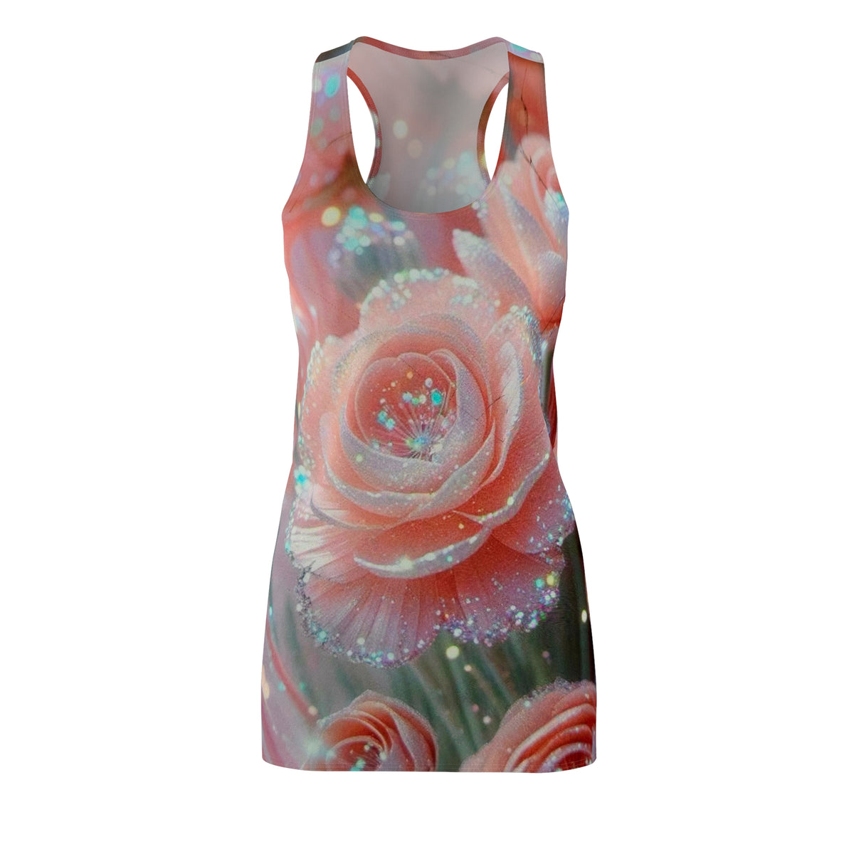 Pink Rose Sparkle Racerback Dress – Floral All-Over Print