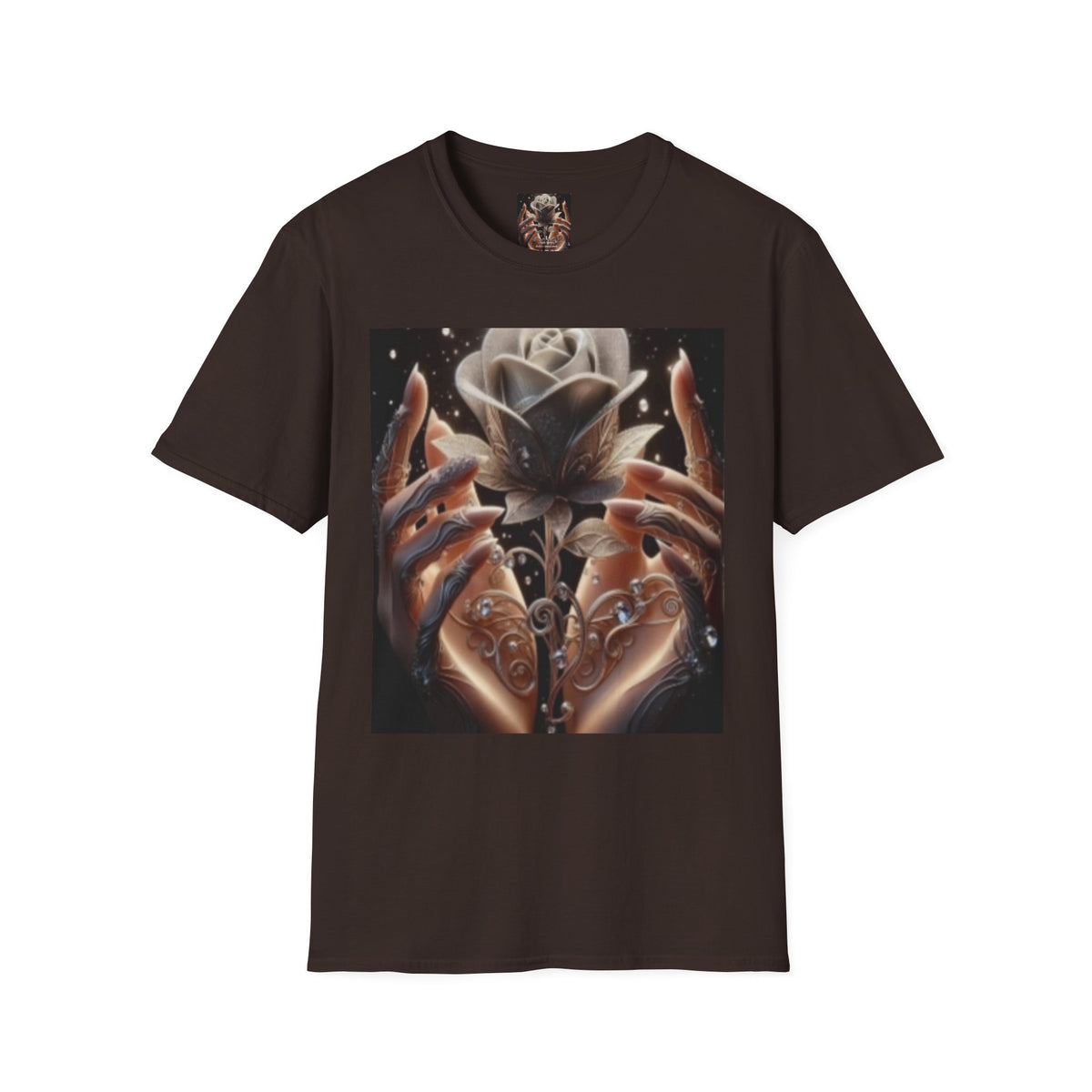 Floral Mystic Rose T‑Shirt — Ethereal Hands & Black Rose Graphic Tee
