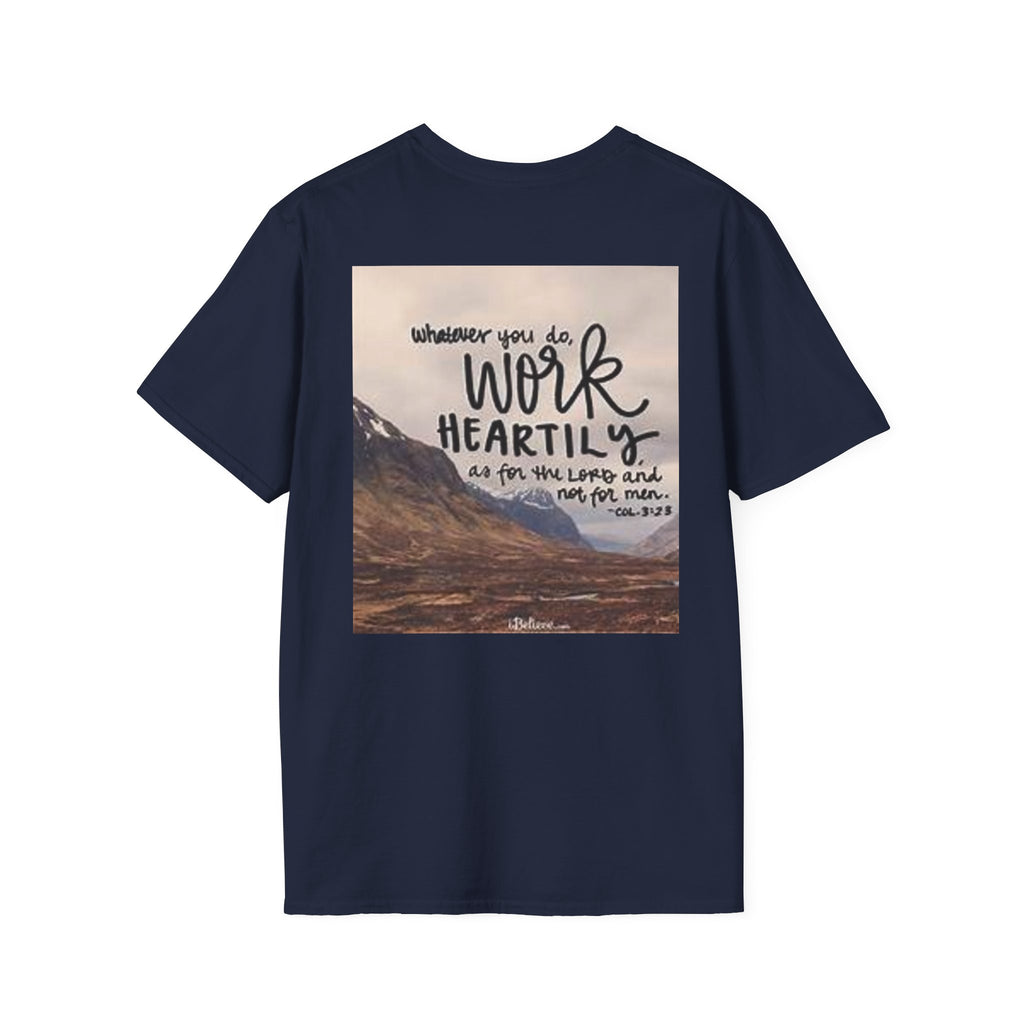 Work Heartily T-Shirt — Inspirational Christian Verse Tee (Colossians 3:23)