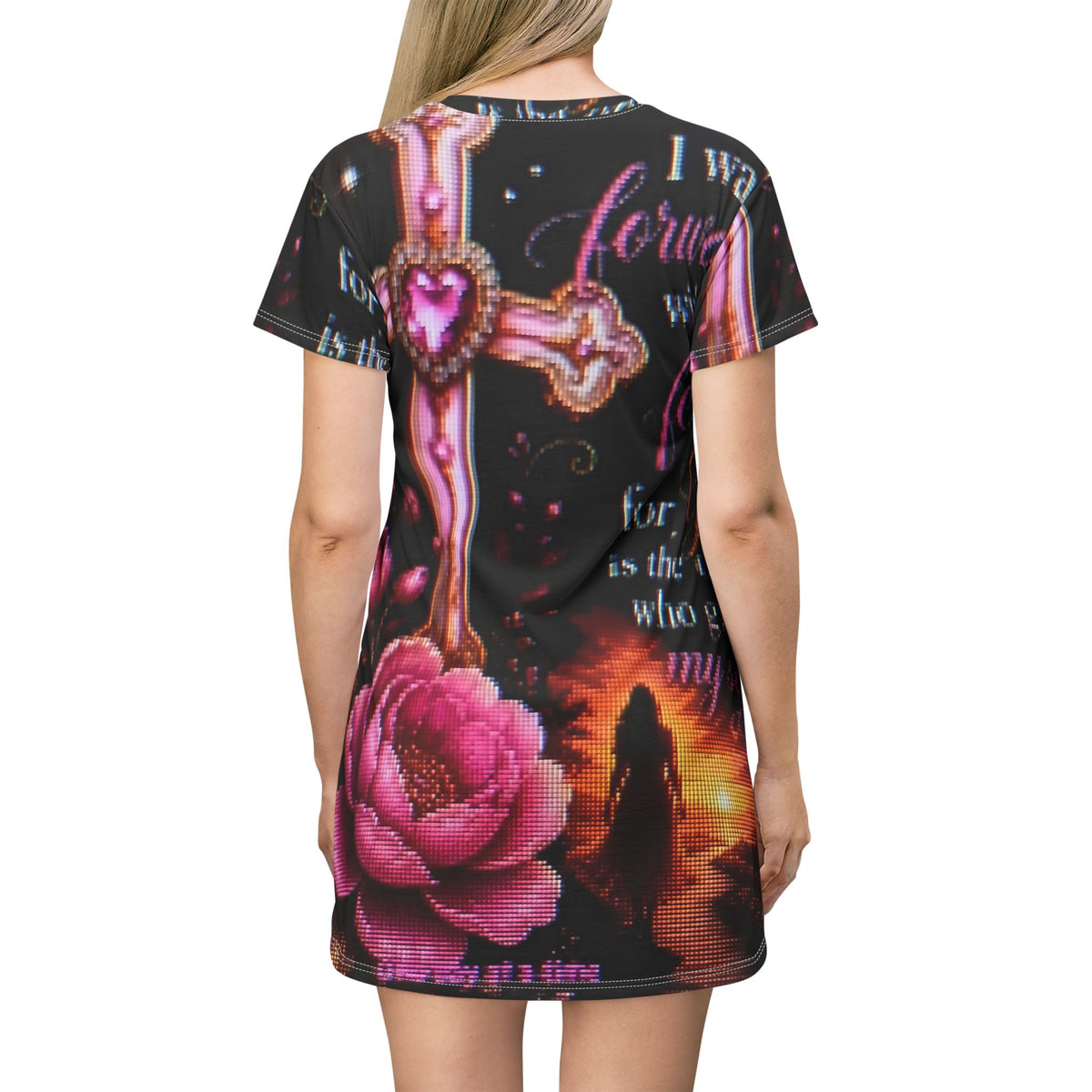 Christian Cross Floral T-Shirt Dress — Inspirational "I Walk Forward With No Fear" AOP