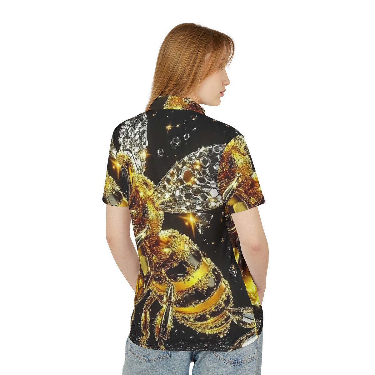 Golden Bee All-Over Print Polo — Shiny Honeycomb Nature Tee