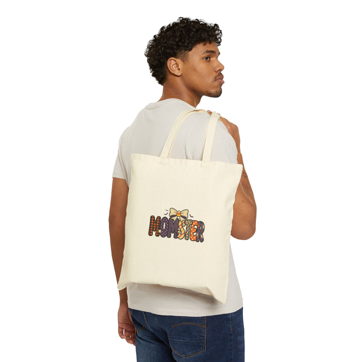 Momster Halloween Tote | Cotton Canvas bag, purple orange spooky lettering